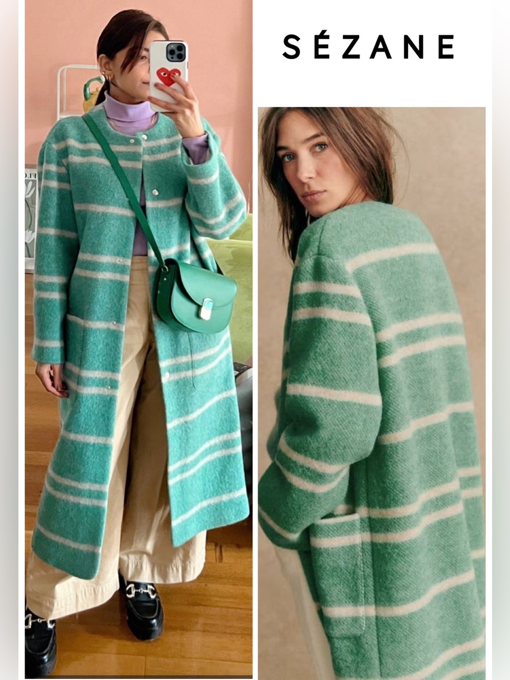 NWOT Sezane Jerome Long Coat in Mint Green Stripes